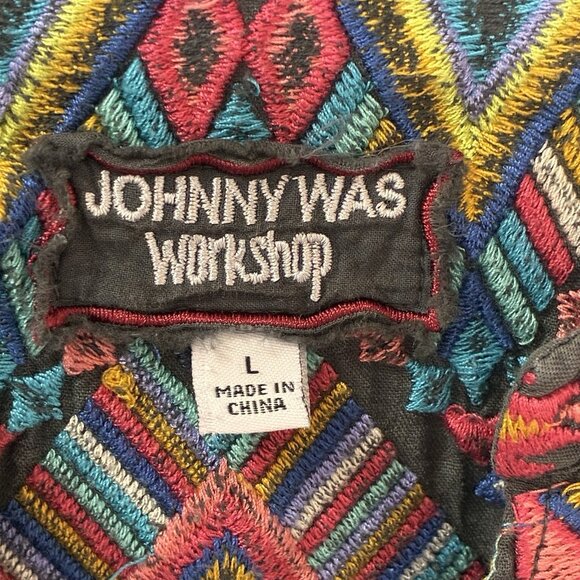 Johnny Was Workshop Embroidered Dress Womens Large Black Bell Sleeve Semi Sheer - Picture 2 of 10